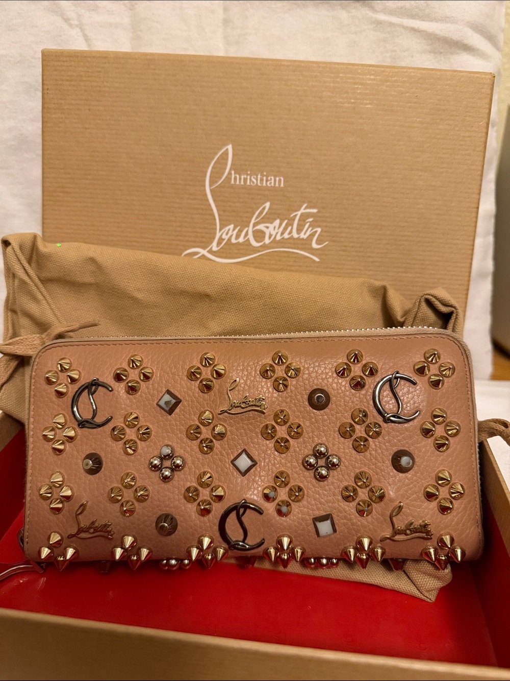 Christian Louboutin Studded Zip-Around Wallet in Beige Pink